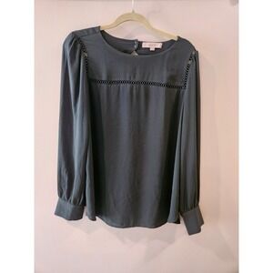 LOFT Women's Green Long Sleeve Cutout Detail Crew Neck Blouse Top L